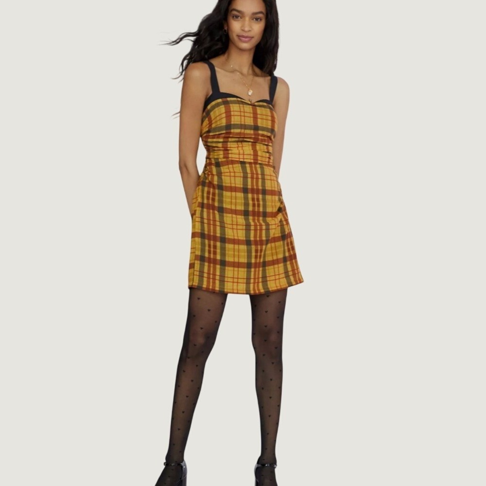 Anthro Let Me Be Plaid Mini Dress XL Yellow Black Ruched Academia Boho $170 MSRP